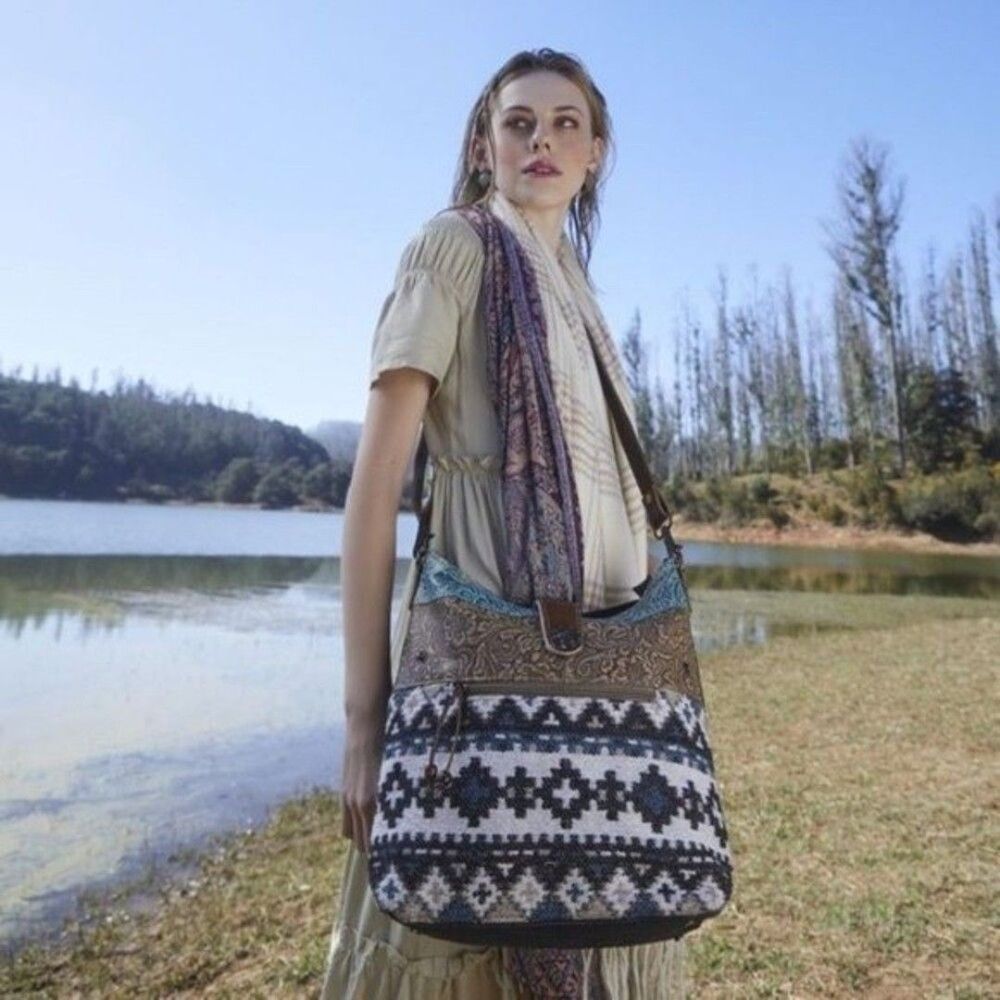 Myra Bag Handmade Brave Shoulder Bag Upcycled Canvas & Cowhide Leather - Picture 2 of 9